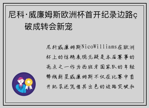 尼科·威廉姆斯欧洲杯首开纪录边路爆破成转会新宠