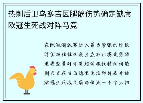 热刺后卫乌多吉因腿筋伤势确定缺席欧冠生死战对阵马竞